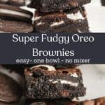 A stack of three fudgy Oreo brownies, and overhead shot of Oreo brownies.