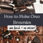 A stack of three fudgy Oreo brownies, and overhead shot of slice Oreo brownies.