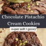 A close up of a chocolate pistachio cookie and a stack of chocolate cookies cut in half, showing a pistachio spread center.
