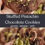 A close up of a chocolate pistachio cookie and a stack of chocolate cookies cut in half, showing a pistachio spread center.