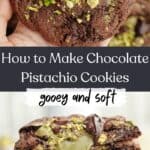 A close up of a chocolate pistachio cookie and a stack of chocolate cookies cut in half, showing a pistachio spread center.