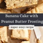 Square slices of banana cake topped with peanut butter frosting and salted peanuts.