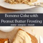 Square slices of banana cake topped with peanut butter frosting and salted peanuts.