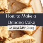 Square slices of banana cake topped with peanut butter frosting and salted peanuts.
