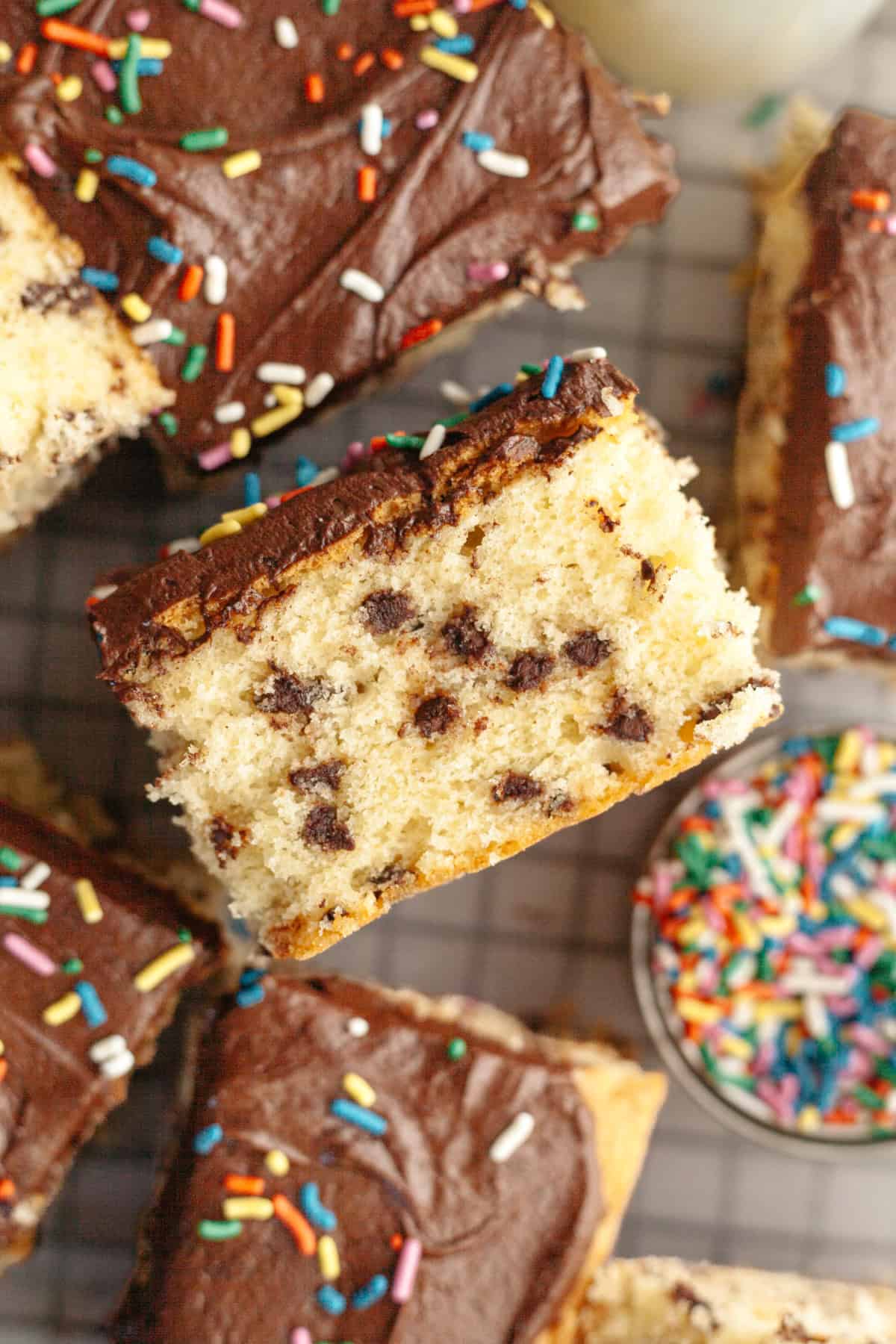 A close up of a slice of chocolate chip sheet cake with chocolate frosting.