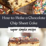 Close ups of slices of chocolate chip sheet cake, covered in chocolate frosting and rainbow sprinkles.