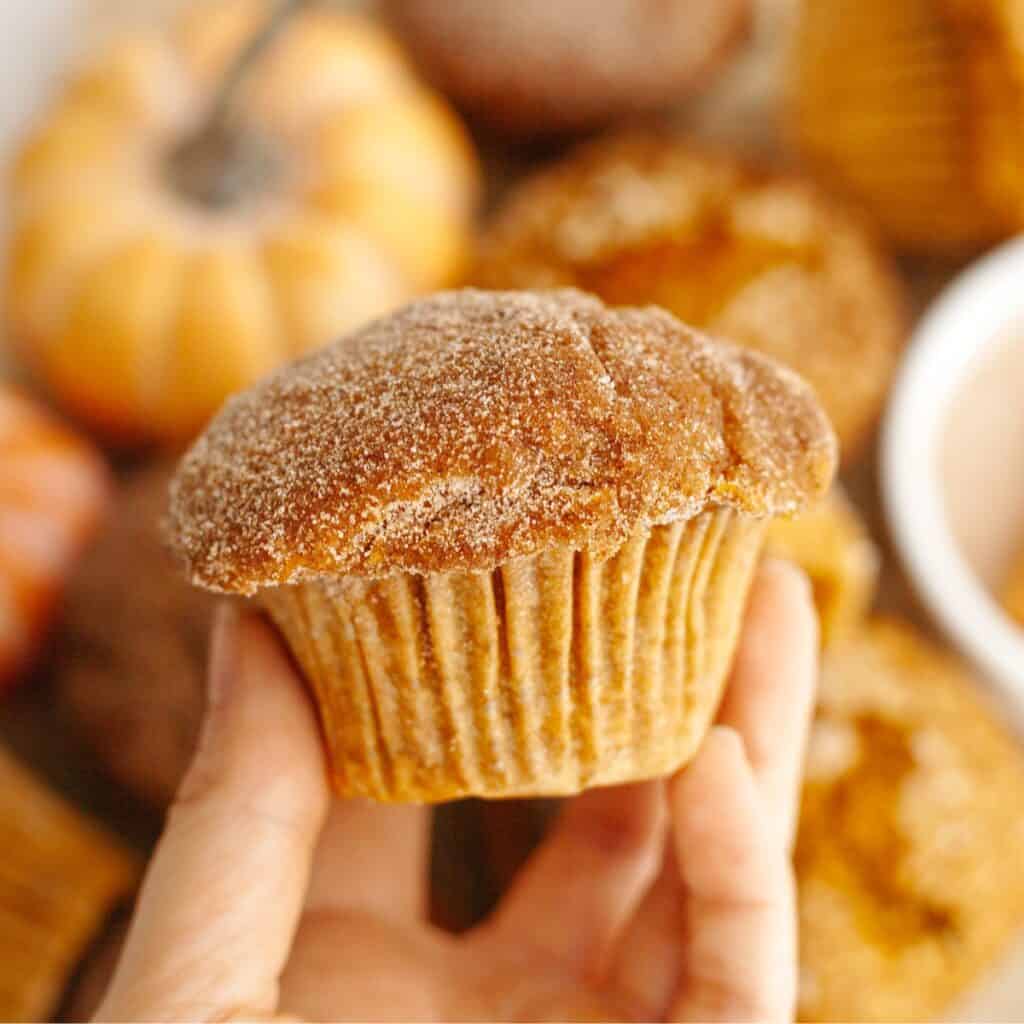 A hand holding a pumpkin sour cream muffin covered in sugar.