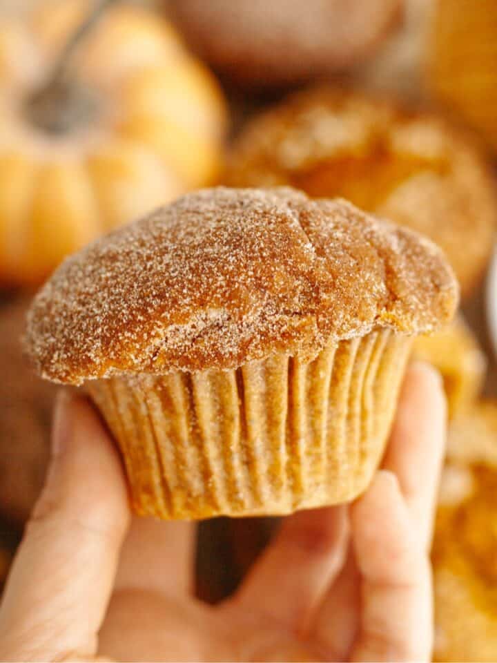 A hand holding a pumpkin sour cream muffin covered in sugar.