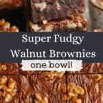 A stack of 3 walnut brownies and a close up of sliced walnut brownies.