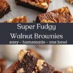 A stack of 3 walnut brownies being held and a close up of a walnut brownie on parchment paper.