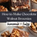A stack of 3 walnut brownies and a close up of a walnut brownie on parchment paper.