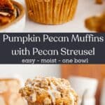 A close up of a pumpkin pecan muffin with a white glaze and a stack of two pumpkin muffins.