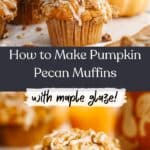 A close up of a pumpkin pecan muffin with a white glaze and a stack of two pumpkin muffins.
