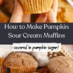 A close up of pumpkin muffins covered in sparkling sugar.