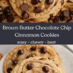 Two chocolate chip cookies on a small plate, and a close up of the cookies.