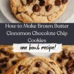 Two chocolate chip cookies on a small plate, and a hand holding a chocolate chip cookie.
