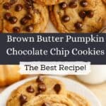 A close up of pumpkin chocolate chip cookies, some are on parchment paper and three are on a small plate.