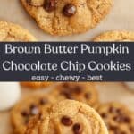 A pumpkin chocolate chip cookie on brown parchment paper and a hand holding a cookie.