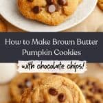 Three pumpkin chocolate chip cookies on a plate and a hand holding one of the cookies.