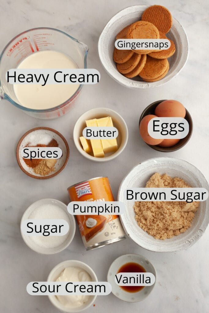 All the ingredients needed to make browned butter pumpkin pie, weighed out into small bowls.