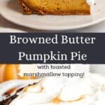 A slice of pumpkin pie with marshmallow topping on a small plate, and a close up of the pie in it's dish.