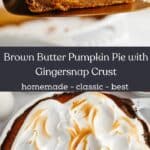 A slice of pumpkin pie with marshmallow topping on a cake server, and an overhead shot of a pumpkin pie with toasted marshmallow topping.