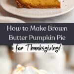 A slice of pumpkin pie with marshmallow topping on a small plate, and a slice on a cake server.