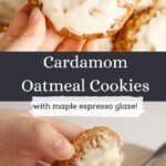 A hand holding a glazed oatmeal cookie, and a hand dipping it into a glaze.