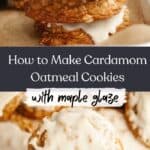 A stack of four glazed cardamom oatmeal cookies and a hand holding one of the cookies.