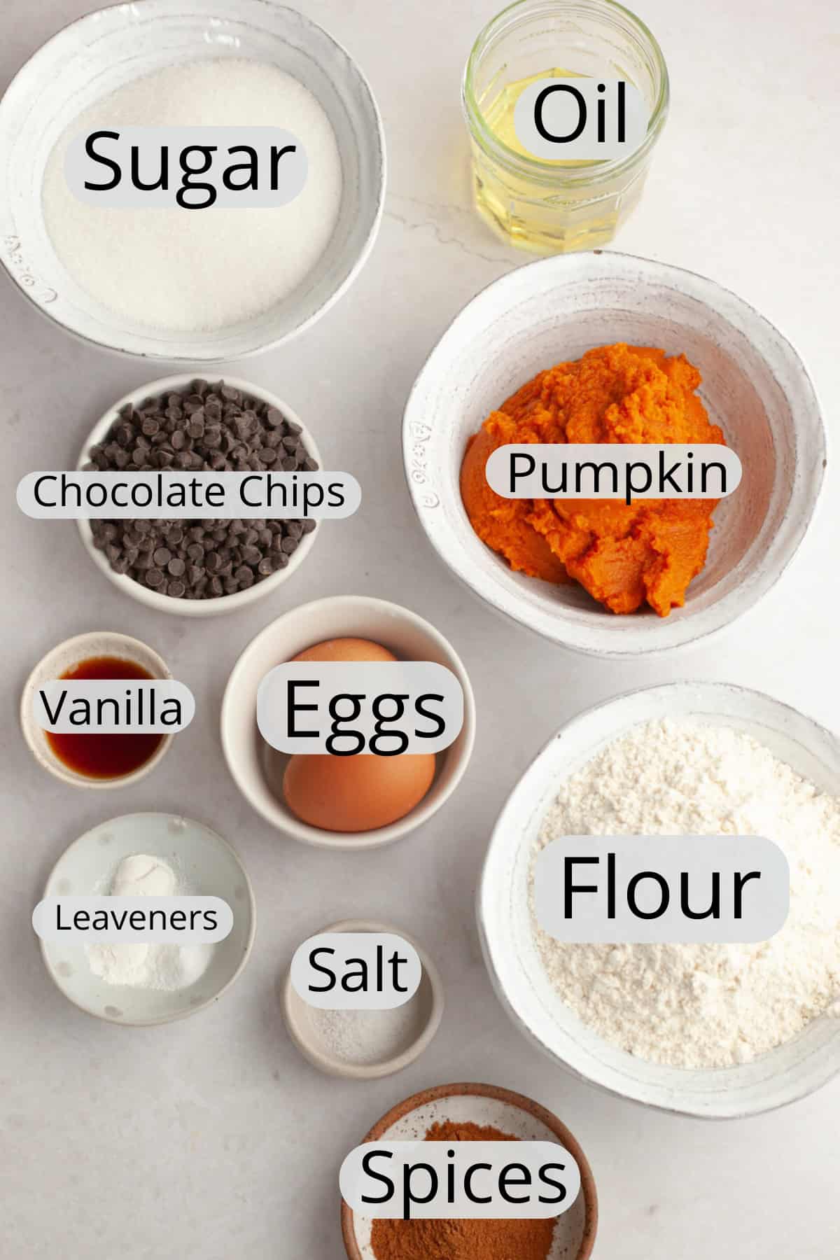 All the ingredients needed to make a chocolate chip pumpkin cake, weighed out into small bowls.