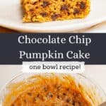 A slice of pumpkin chocolate chip cake on a plate, and chocolate chip pumpkin cake batter in a bowl.
