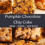 A stack of 3 slices of pumpkin chocolate chip cake and a close up of a slice of the same cake.