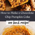 A close up of a slice of pumpkin chocolate chip cake and chocolate chip pumpkin cake batter in a bowl.