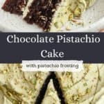 A slice of pistachio chocolate cake on a small plate and a cake slice being lifted out.