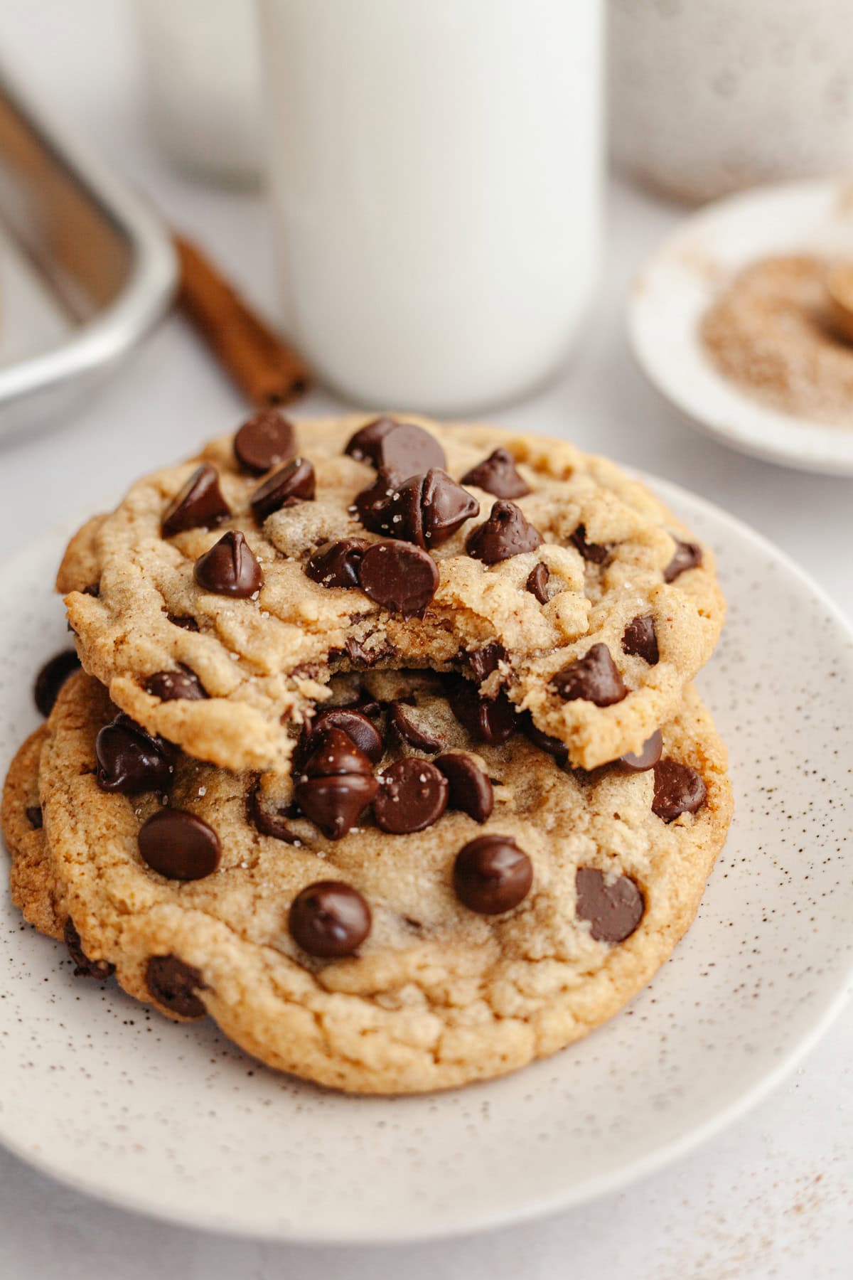 Two chocolate chip cinnamon cookies on a small plate.