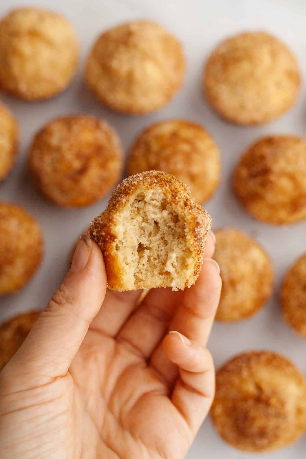 A hand holding a cinnamon mini muffin which has a bite taken out of it.