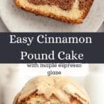 A close up of cinnamon swirl loaf cake with a beige glaze.