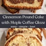 A close up of cinnamon swirl loaf cake with a beige glaze.