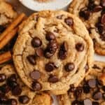A close up of a chocolate chip cookie.