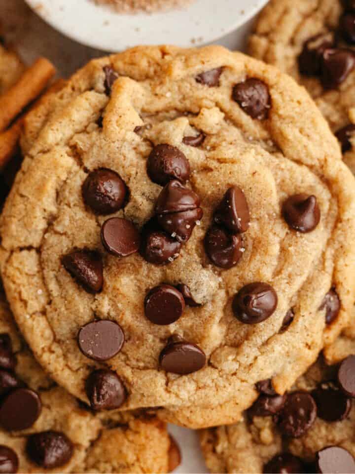 A close up of a chocolate chip cookie.