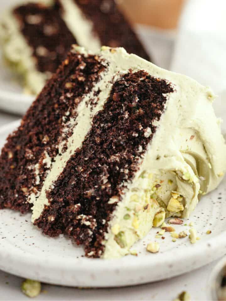 A slice of pistachio chocolate cake on a small plate.