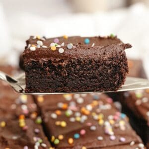 A cake server with a slice of chocolate sheet cake with chocolate frosting.