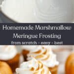A mixing bowl with meringue in it and a pumpkin cupcake with toasted marshmallow frosting.