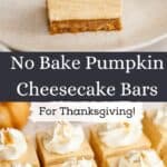 A close up of no bake pumpkin cheesecake bars topped with whipped cream.