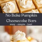 A close up of no bake pumpkin cheesecake bars topped with whipped cream.