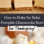 A close up of no bake pumpkin cheesecake bars topped with whipped cream.