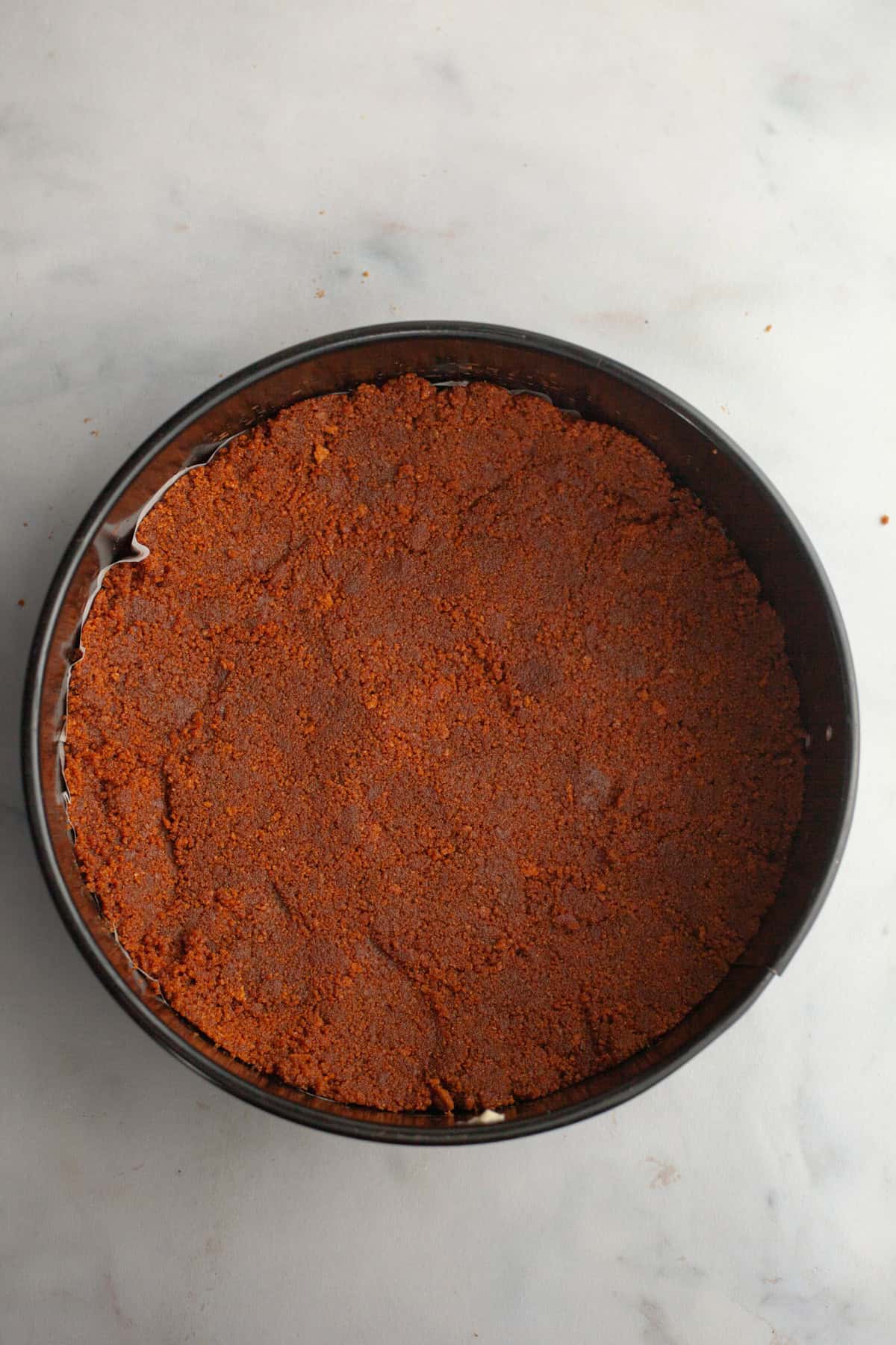 A cheesecake pan with a biscoff cookie crust.