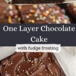 A chocolate sheet cake with chocolate frosting, and a slice of the cake on a server.