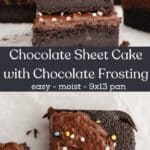 A stack of three chocolate cake slices and a close up of a slice of chocolate sheet cake.