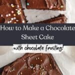 A chocolate sheet cake with chocolate frosting with rainbow sprinkles, and a close up of a slice of cake.